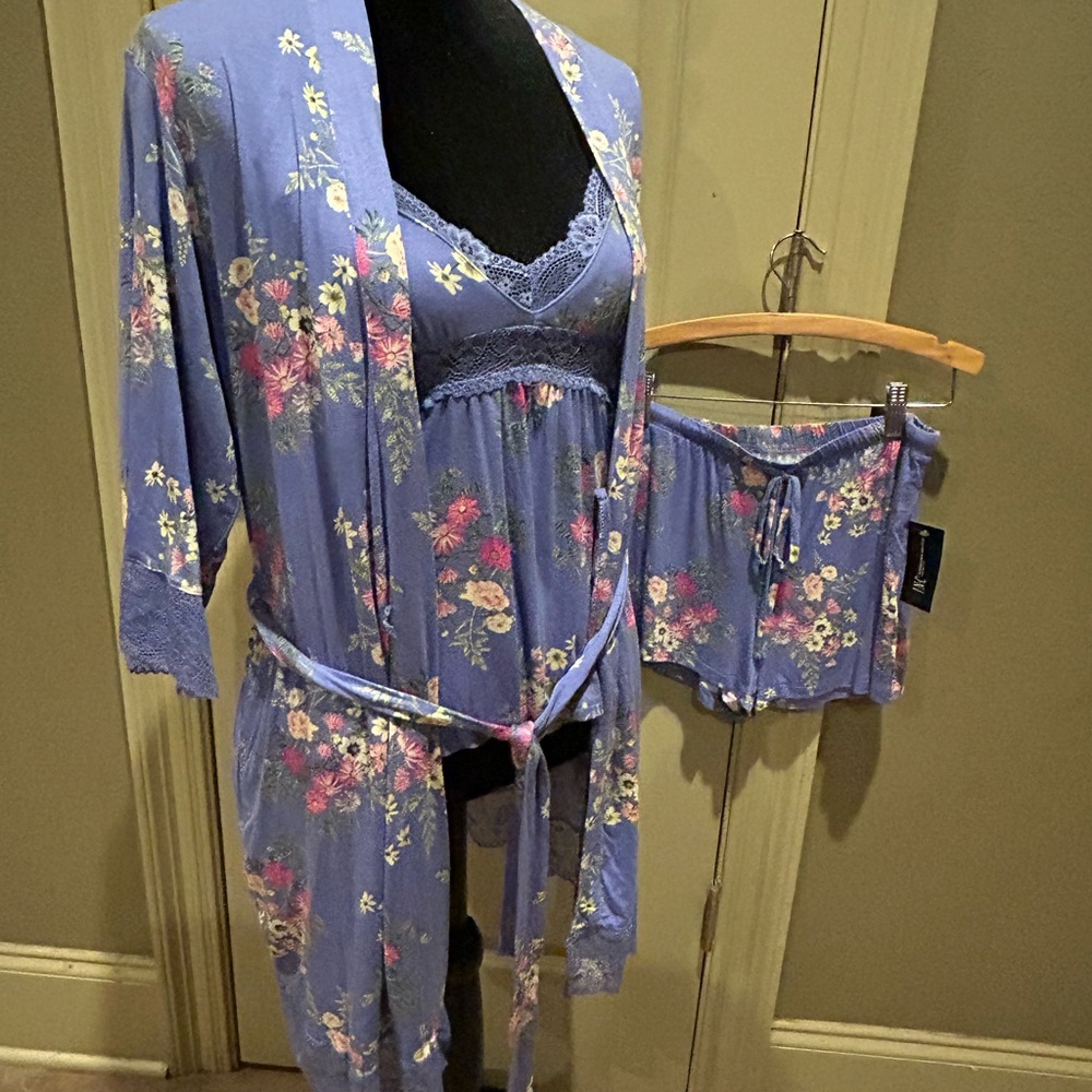 INC International Concepts 3pc Cami, Shorts & Robe Lingerie Set Lace-Trim Small
